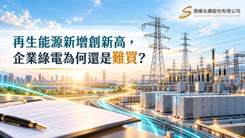 電網、儲能設備與採購合約的概念圖，呈現再生能源增加與企業綠電交付之間的落差。