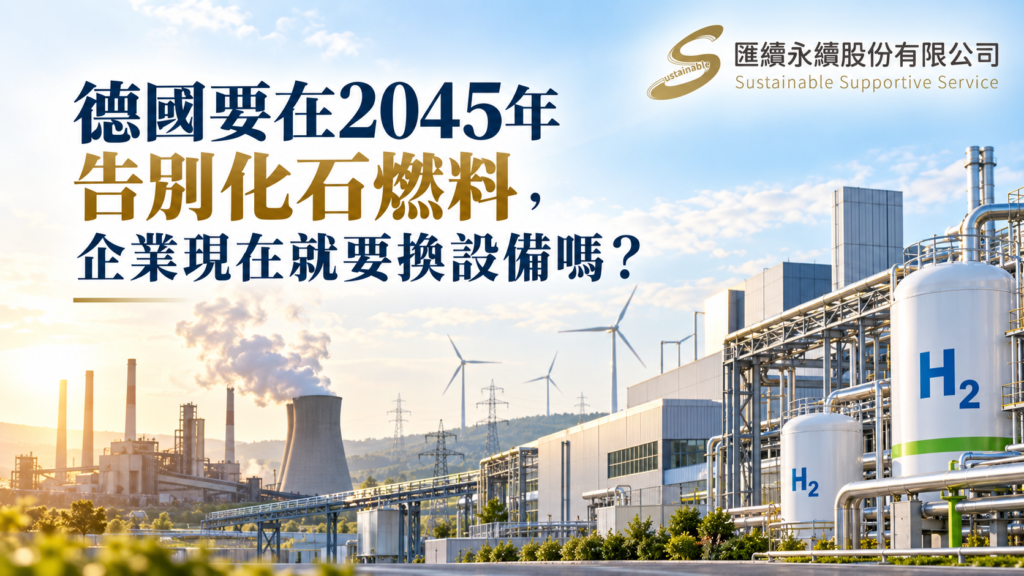德國2045年化石燃料轉型與企業設備投資主題圖，呈現工廠、電網、風力發電及氫能設施。