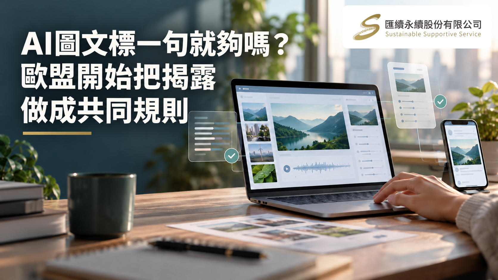 辦公桌上的電腦與手機顯示內容審閱畫面,左側標題為「AI圖文標一句就夠嗎?歐盟開始把揭露做成共同規則」,右上角為匯續永續正式Logo。